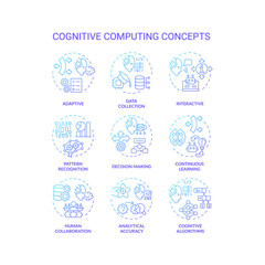 Collection of 2D gradient thin line icons representing cognitive computing, creative isolated vector, linear illustration.