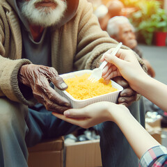 Volunteer hands giving to poor old homeless man food. Donation, charity, sharing, help and hope concept

 - obrazy, fototapety, plakaty