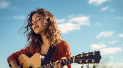 A young  female musician plays an acoustic guitar  - obrazy, fototapety, plakaty