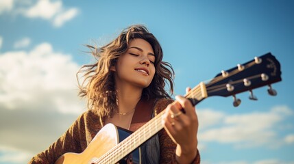 A young  female musician plays an acoustic guitar 