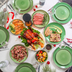 Christmas background with an empty plate. decorations for the New Year's table. Concept Christmas, new year,food