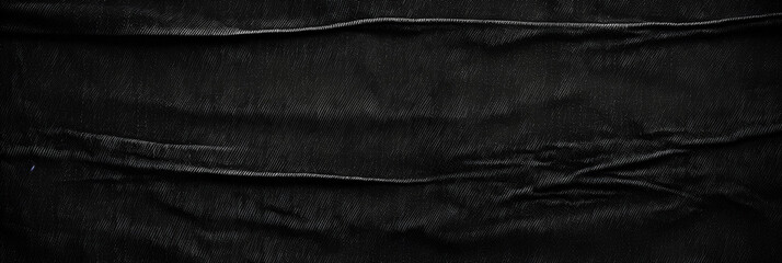 Panoramic surface of black fabric denim grunge texture dark tone. Banner, background design images. Blank copy space Close-up