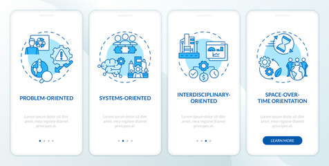 2D icons representing environmental psychology orientations mobile app screen set. Walkthrough 4 steps blue graphic instructions with linear icons concept, UI, UX, GUI template. - obrazy, fototapety, plakaty