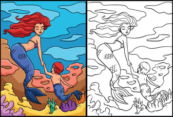Obraz na płótnie Canvas Mermaid and Young Merman Coloring Illustration