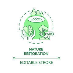 2D editable green nature restoration icon, monochromatic isolated vector, thin line illustration representing environmental psychology.