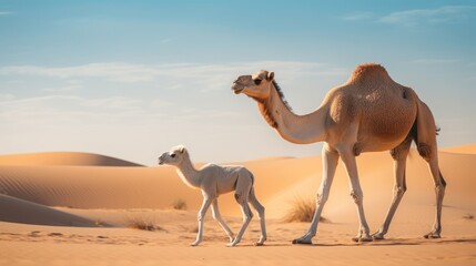 camel mother walking with her white colored baby in the desert 