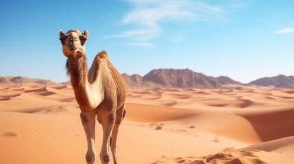 camel mother walking with her white colored baby in the desert 