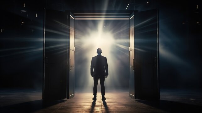 Confident Businessman Standing at Open Bright Light Door. Business man Silhouette Stands in Shiny Open Gate in a dark room. New opportunity and doorways