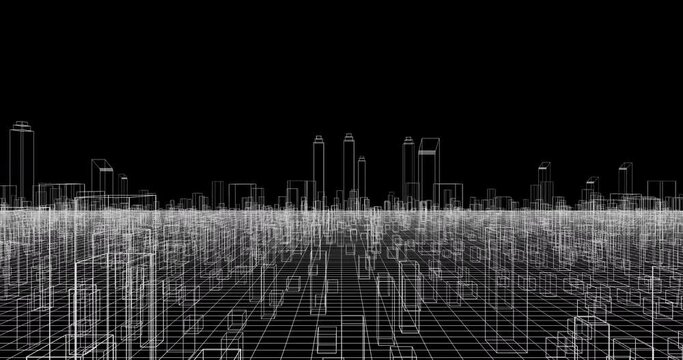 Skyscrapers transparent wireframe. Flying through in futuristic cityscape that stretches out forever. 4K 3D looped animation rendering.