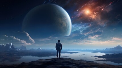 Far from earth, with man looking at planet earth from far away - obrazy, fototapety, plakaty