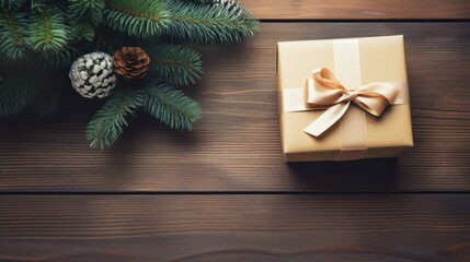 Fototapeta na wymiar Christmas present. gift box at wooden table, 