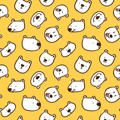Seamless Pattern with Cartoon Bear Face Design on Yellow Background