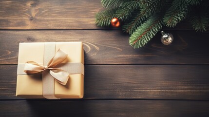 Fototapeta na wymiar Christmas present. gift box at wooden table, 