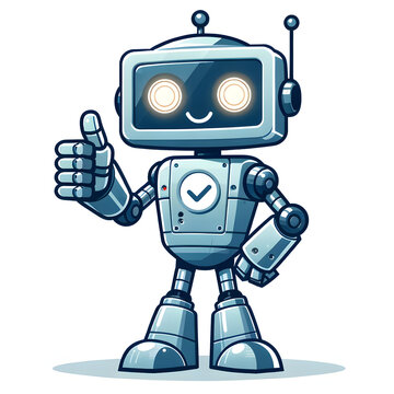 A friendly robot with a more modern, rounded head and glowing circular eyes, also giving a thumbs-up. The robot's design is sleek and approachable, with a chest display showing a checkmark.