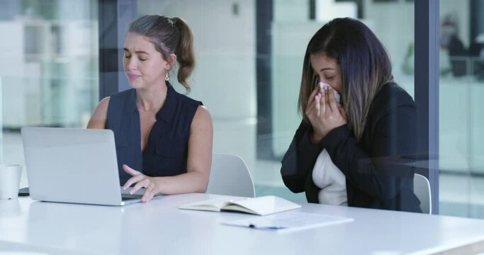 Woman, sick and sneeze in office, virus and fever for infection, sinus and business meeting. Blow nose, colleague and uncomfortable in workplace, flu and healthcare for disease or spread germs