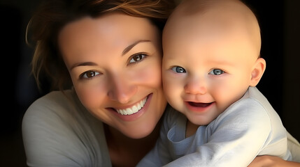 Joyful Mother Embracing Child / Fröhliche Mutter umarmt Kind - generative AI - obrazy, fototapety, plakaty