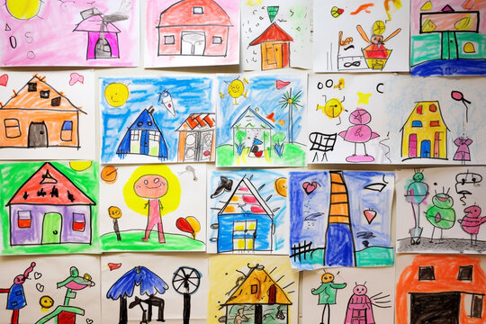 Drawing pictures of school building by kids