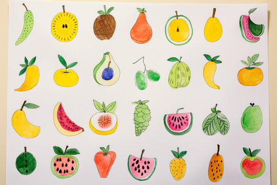 Drawing pictures of cute fruits by kids.
