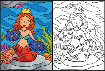 Obraz na płótnie Canvas Princess Mermaid and Fish Coloring Illustration