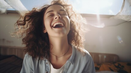  High angle view of laughing teenage girl 