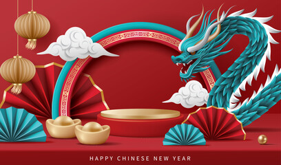 Chinese new year banner for product demonstration. Red pedestal or podium with dragon, folding fans and ingots on red background.