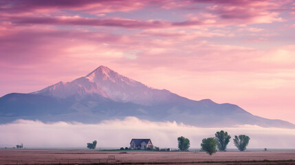 A beautiful mountain peak towering through the low lying clouds tinted in pink, AI Generative.