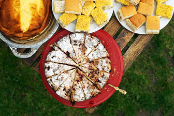 Delicious home and handmade cacke on garden party