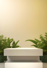 photo square stage podium with green plant for product display presentation mockup ai generated