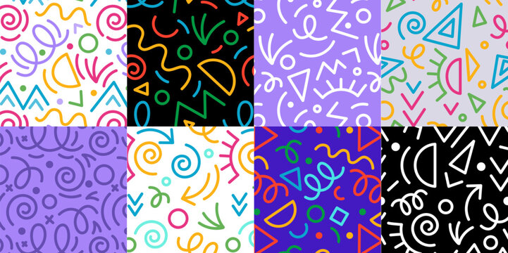 Pattern doodle, fun kid background. Color line, seamless shape, cute abstract element, childish party graphic, celebrate birthday, scribble and squiggle print. Vector tidy wrapping paper, wallpaper