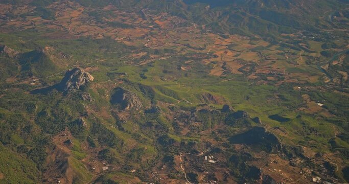 Aerial View On Kayadibi, Aksu Koprusu, Karaoz, Bahce Kuyubası, Aksu Stream In Antalya Province, Turkey. View From Airplane Window. Video Taken From Plane Window. Travel And Tourism Around World.