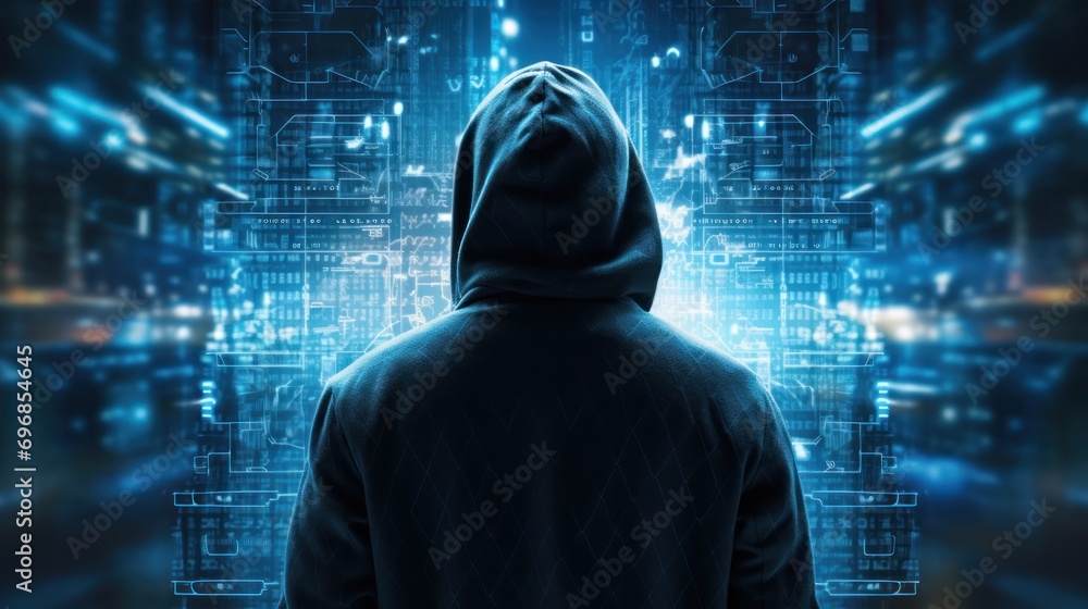 Poster silhouette of a hacker in a hoodie looking towards data