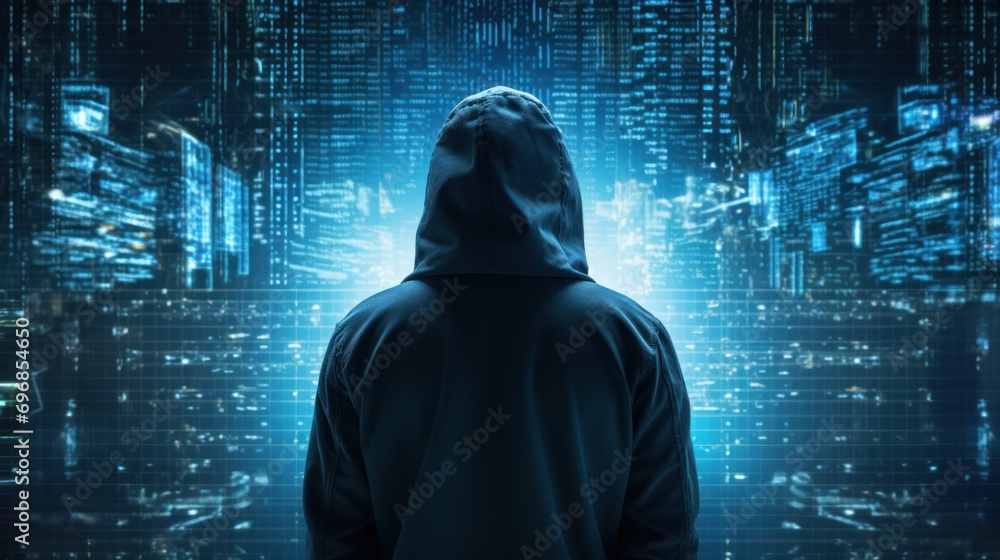 Poster silhouette of a hacker in a hoodie looking towards data