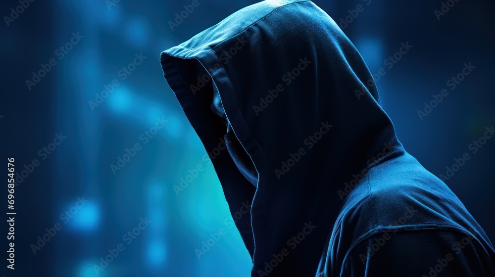 Aufkleber online security concept,silhouette of a hacker in a hoodie looking towards data