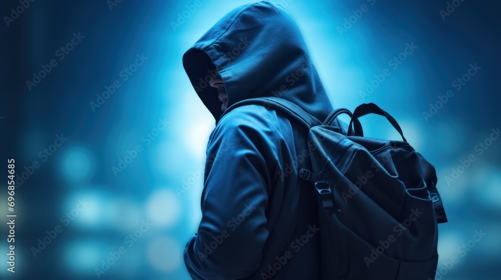 Aufkleber online security concept,silhouette of a hacker in a hoodie looking towards data