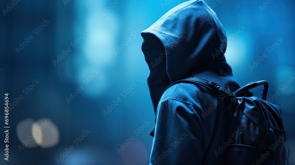 Poster online security concept,silhouette of a hacker in a hoodie looking towards data