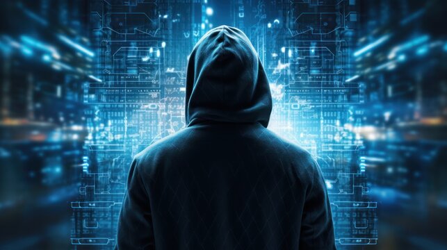 silhouette of a hacker in a hoodie looking towards data