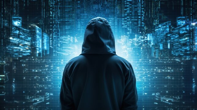 silhouette of a hacker in a hoodie looking towards data