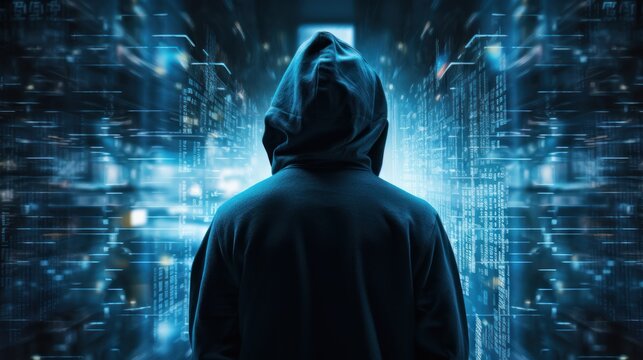 silhouette of a hacker in a hoodie looking towards data