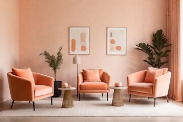 Minimalist living room with armchairs. Minimalist interior design with peach fuzz color concept.