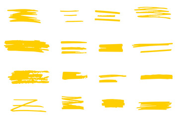 Yellow marker brush lines. Highlighter underline scribbles. Paint pen handdrawn strokes. Collection of trendy brush stroke vector for yellow ink paint, grunge backdrop, dirt banner, watercolor design  - obrazy, fototapety, plakaty