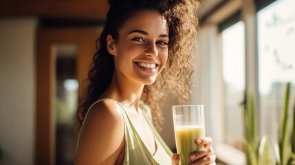 Woman fresh smoothie applies facial skin, smiles happily At home