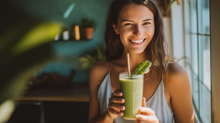 Woman fresh smoothie applies facial skin, smiles happily At home