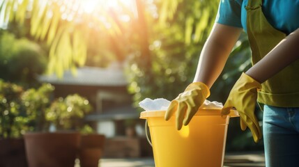 house cleaning, Woman holds Bucket with Cleaning Equipment.  - obrazy, fototapety, plakaty