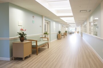 Nursing Home Setting Portrays A Well-Lit And Neat Corridor - obrazy, fototapety, plakaty