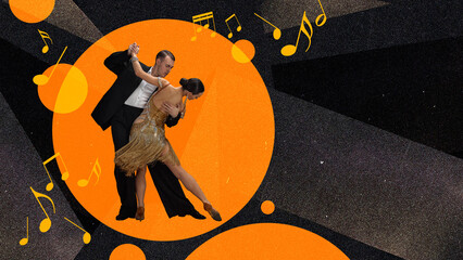 Beautiful couple, man and woman in stage costumes dancing tango over dark background with yellow...