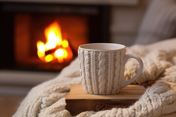 Fototapeta na wymiar Cup With Knitted Cover Beside Fireplace, Radiating Warmth And Coziness