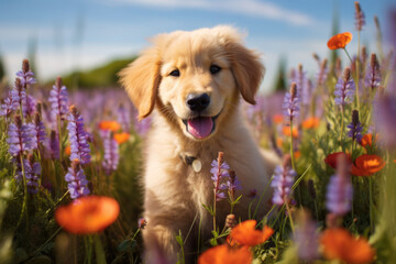 Golden Retriever puppy seated in a field of summer flowers