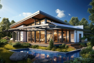 Fototapeta na wymiar Modern house with pool and solar panels