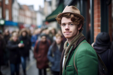 St. Patrick's Day in Dublin, smiling Young Dubliner stands in front of a pub entrance