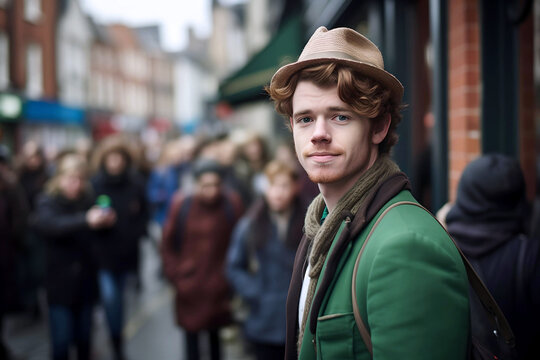 St. Patrick's Day in Dublin, smiling Young Dubliner stands in front of a pub entrance